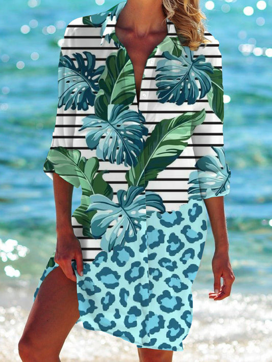 Leaf Striped Leopard print Long Sleeve Beach Shirt Dress